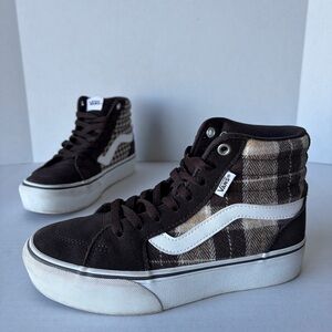 Vans Platform High-Top Plaid Houndstooth Brown Suede Skater Shoes Women’s 6